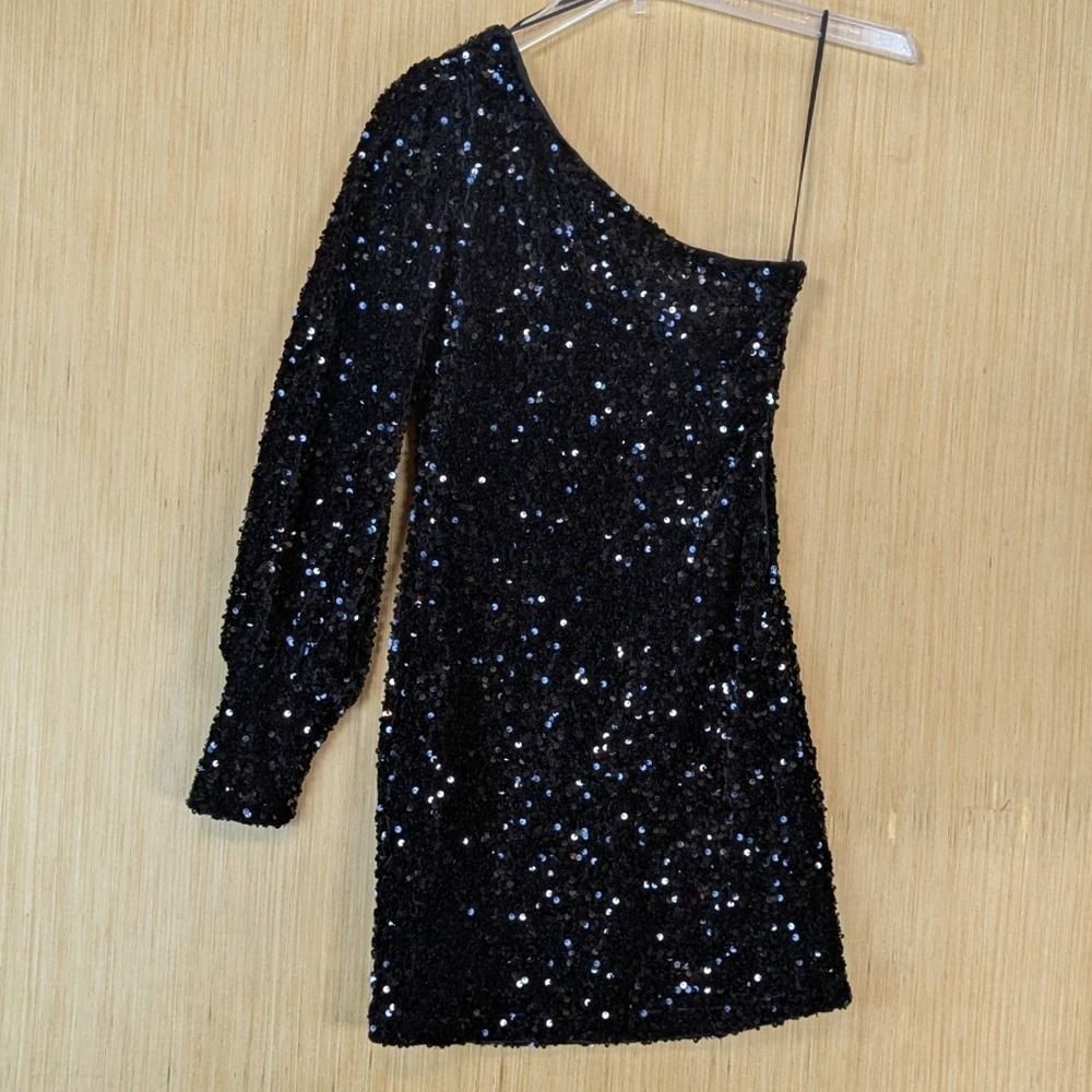 GB Women Formal Event Party Festive Sequin Mini Dress Size XS Black One Shoulder